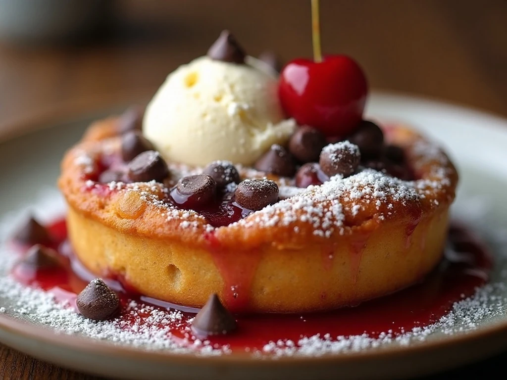 Chocolate chip cherry dessert served with vanilla ice cream