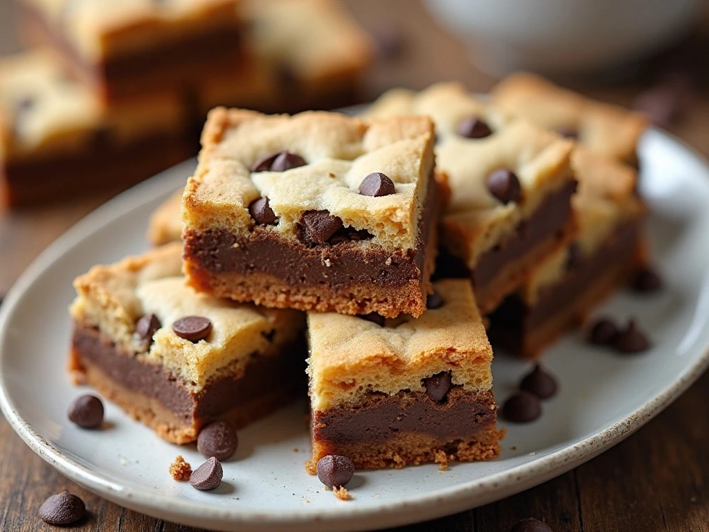 Soft and chewy chocolate chip cookie bars arranged on a serving plate