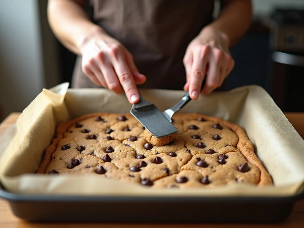 Chocolate chip cookie dough being pressed into a parchment-lined baking pan