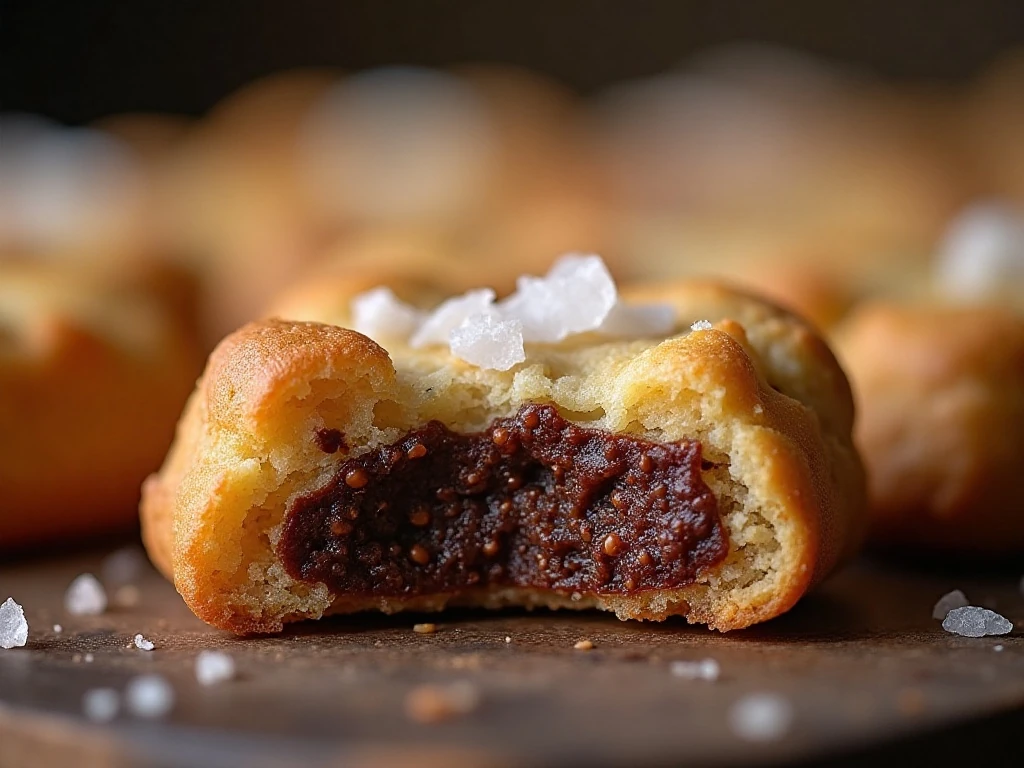 Close-up of a chewy chocolate chip cookie bar with flaky sea salt