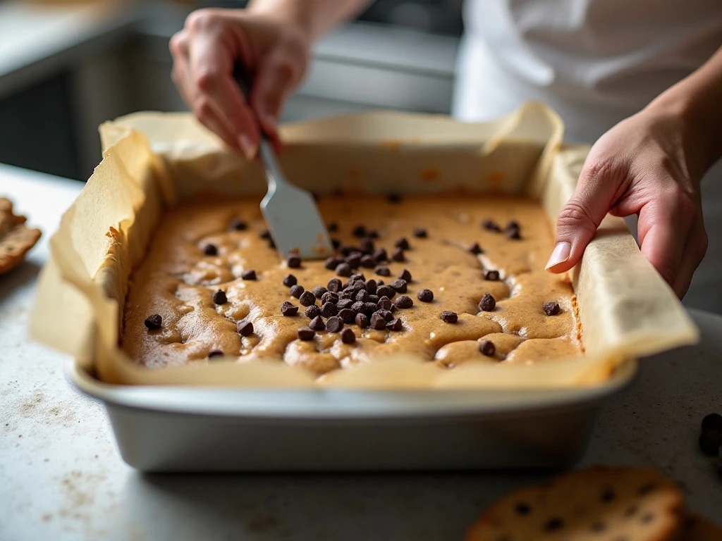 Pressing chocolate chip cookie dough fudge into a parchment-lined pan