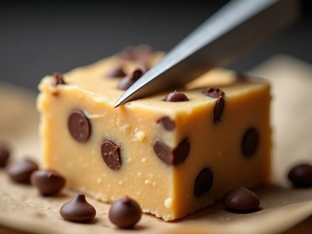 Cleanly cut chocolate chip cookie dough fudge with miniature chocolate chips
