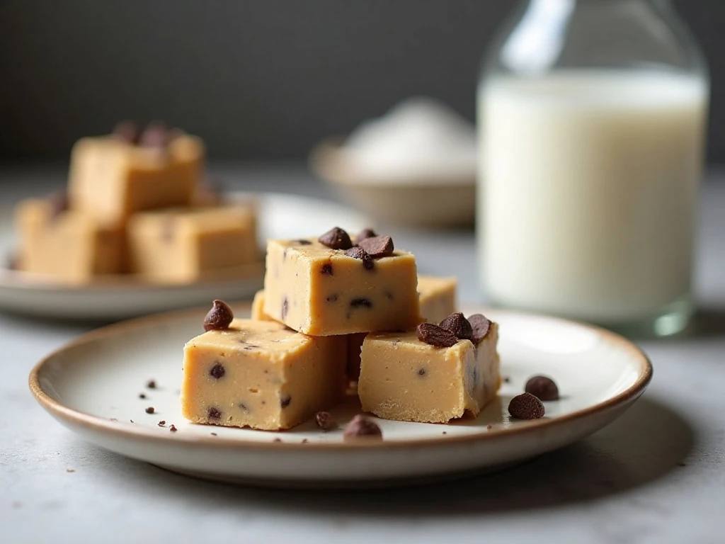 Chocolate chip cookie dough fudge served with cold milk