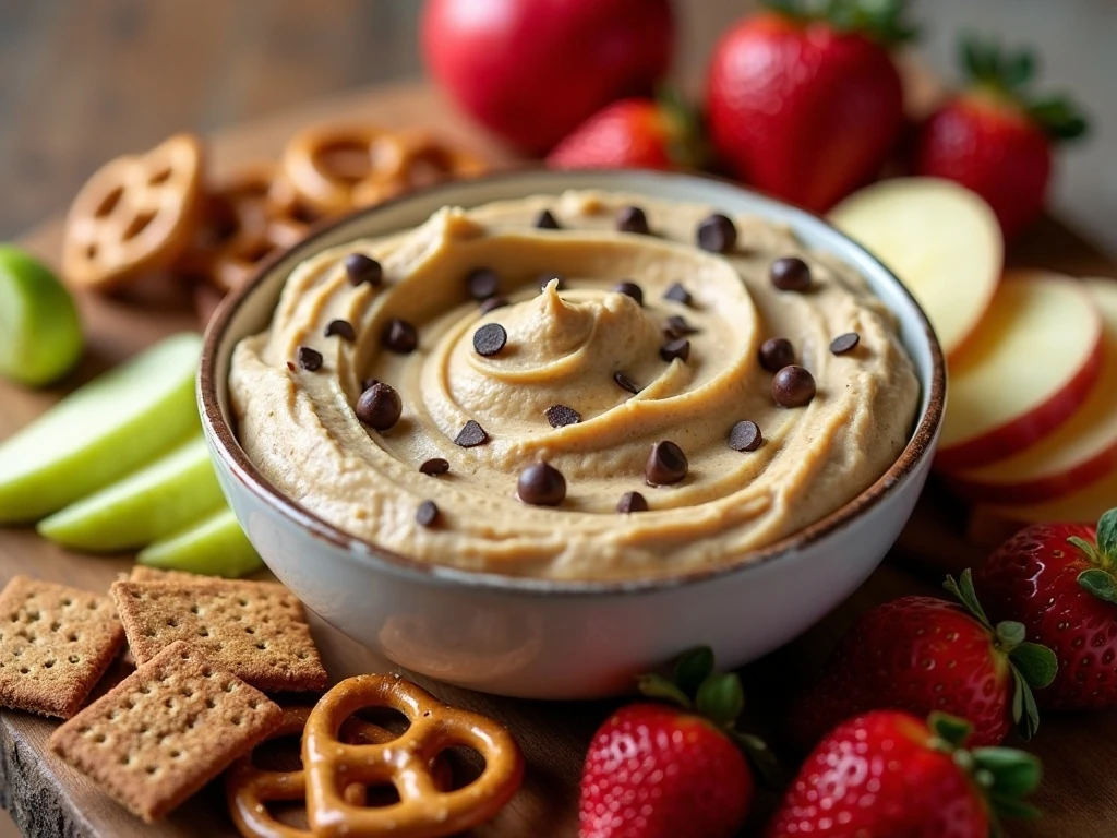 Chocolate chip cookie dough hummus served with fruit, pretzels, and graham crackers