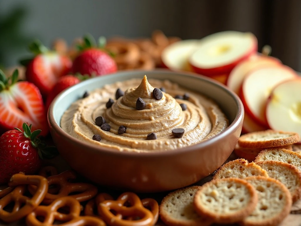 Cookie dough hummus dip with fruit, pretzels, graham crackers, and toast