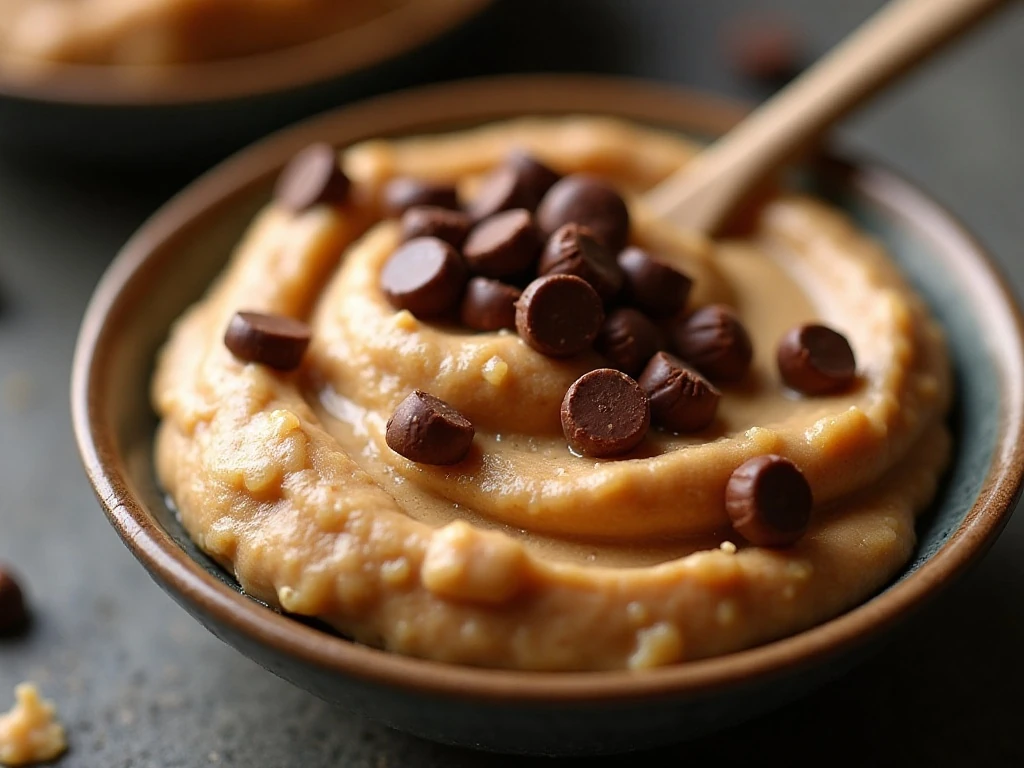 Close-up of chocolate chip cookie dough hummus with chocolate chips