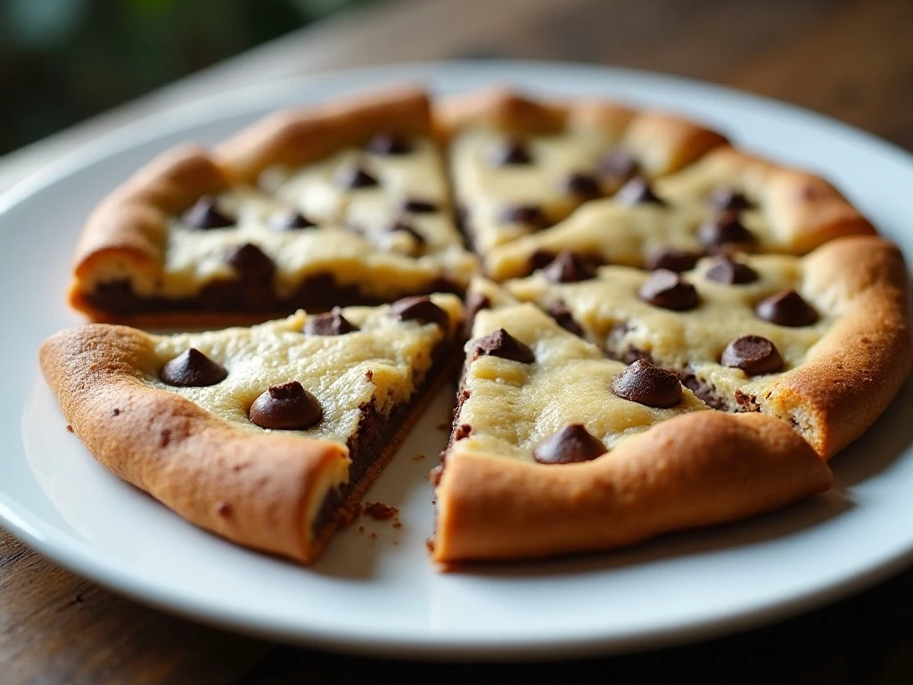 Golden chocolate chip cookie pizza cut into shareable wedges