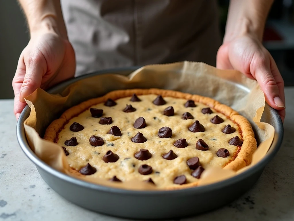 Pressing chocolate chip cookie dough into a pizza shape