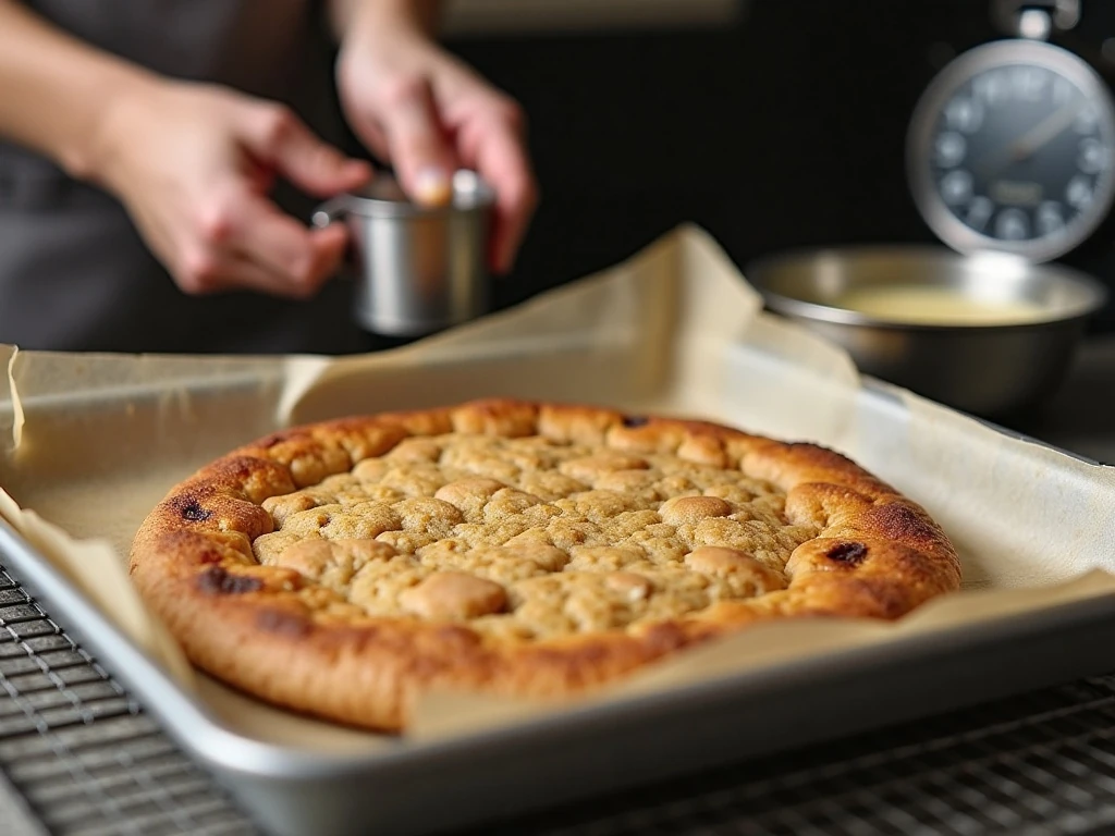 Freshly baked cookie pizza cooling on a pan