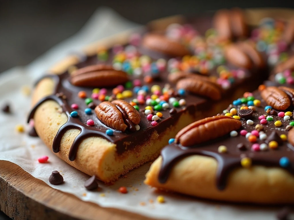 Chocolate drizzle and colorful toppings on cookie pizza
