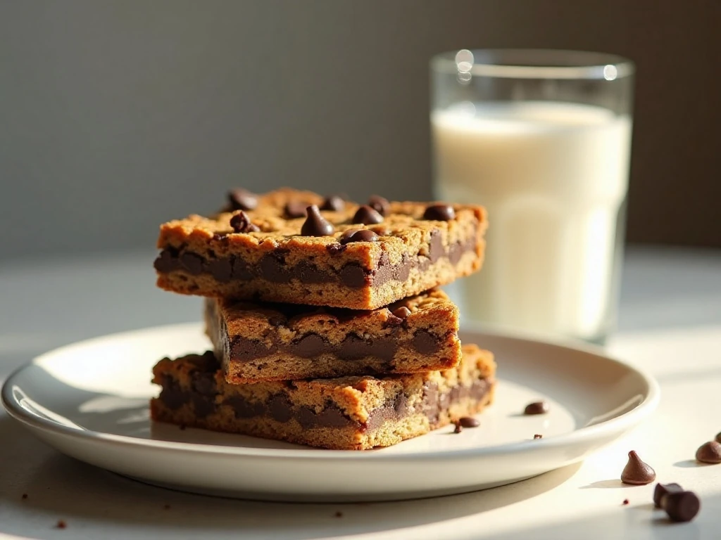 Stack of chewy chocolate chip oatmeal bars served with milk