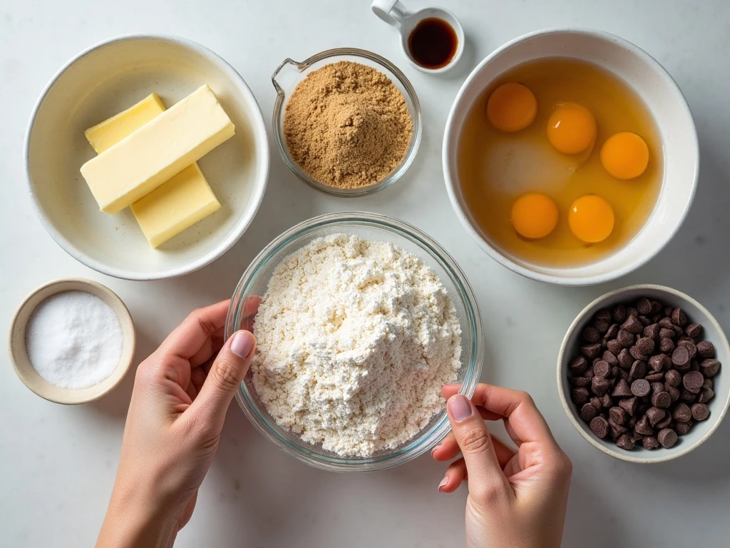Ingredients for chocolate chip oatmeal bars arranged for baking