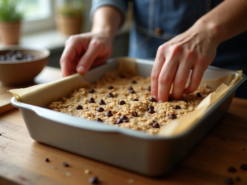Chocolate chip oatmeal bar dough being pressed into a baking pan