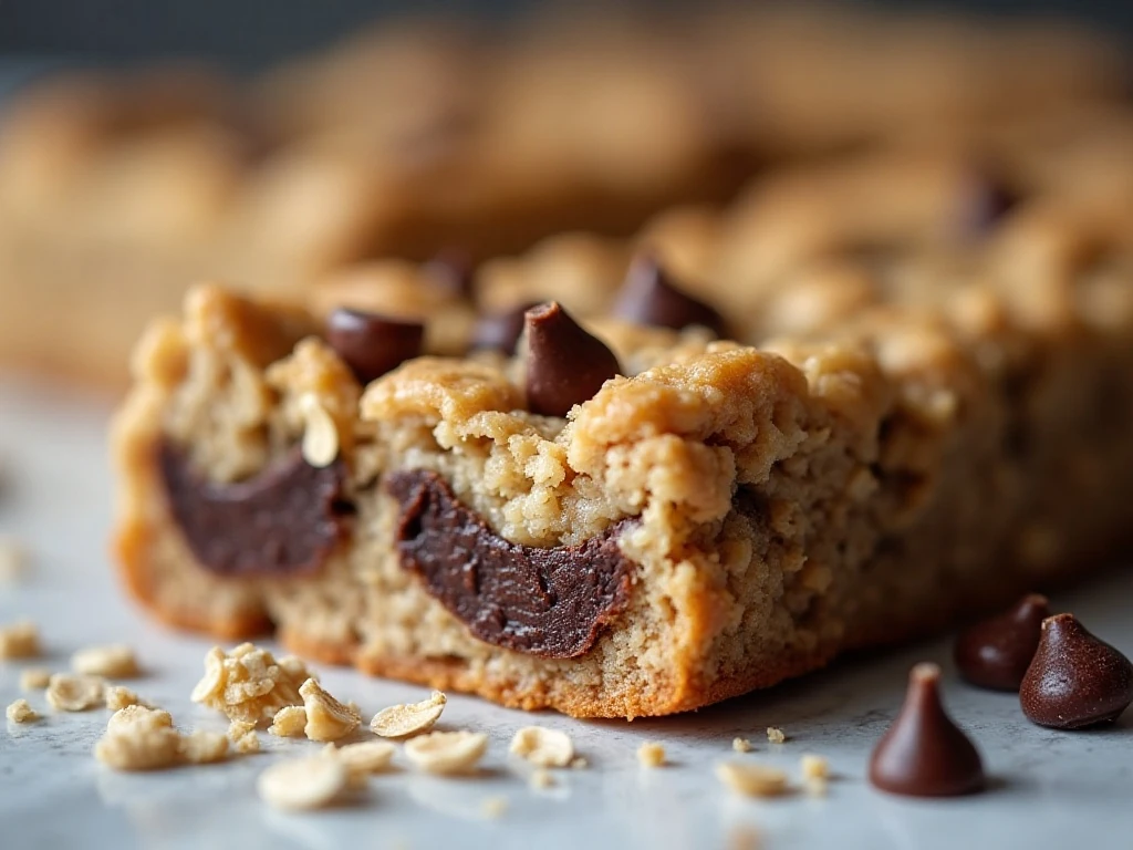 Close-up of the soft chewy center and chocolate chips in an oatmeal bar