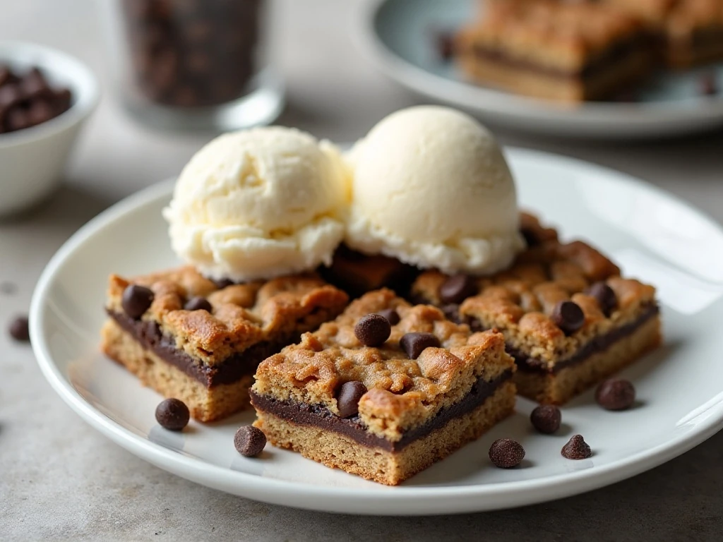 Oatmeal chocolate chip bar served with vanilla ice cream