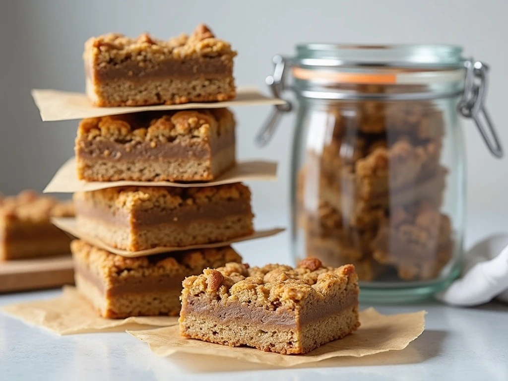 Chocolate chip oatmeal bars stored in an airtight container with parchment