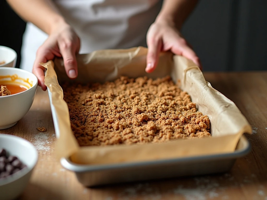 Pressing the oatmeal crust into a baking pan for carmelitas