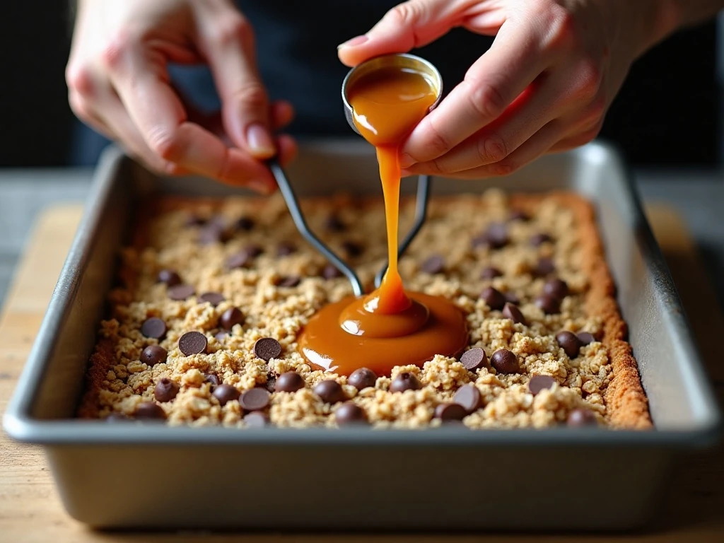 Drizzling caramel over chocolate chips in oatmeal carmelitas
