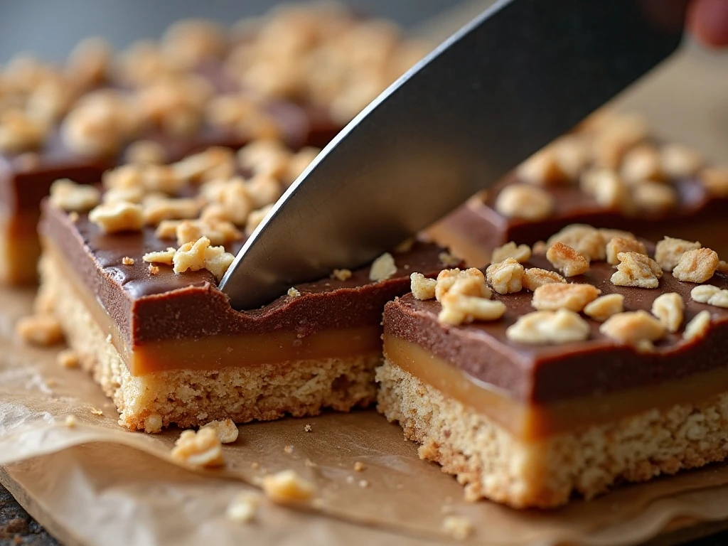 Cleanly sliced oatmeal carmelita bars showing chocolate and caramel layers