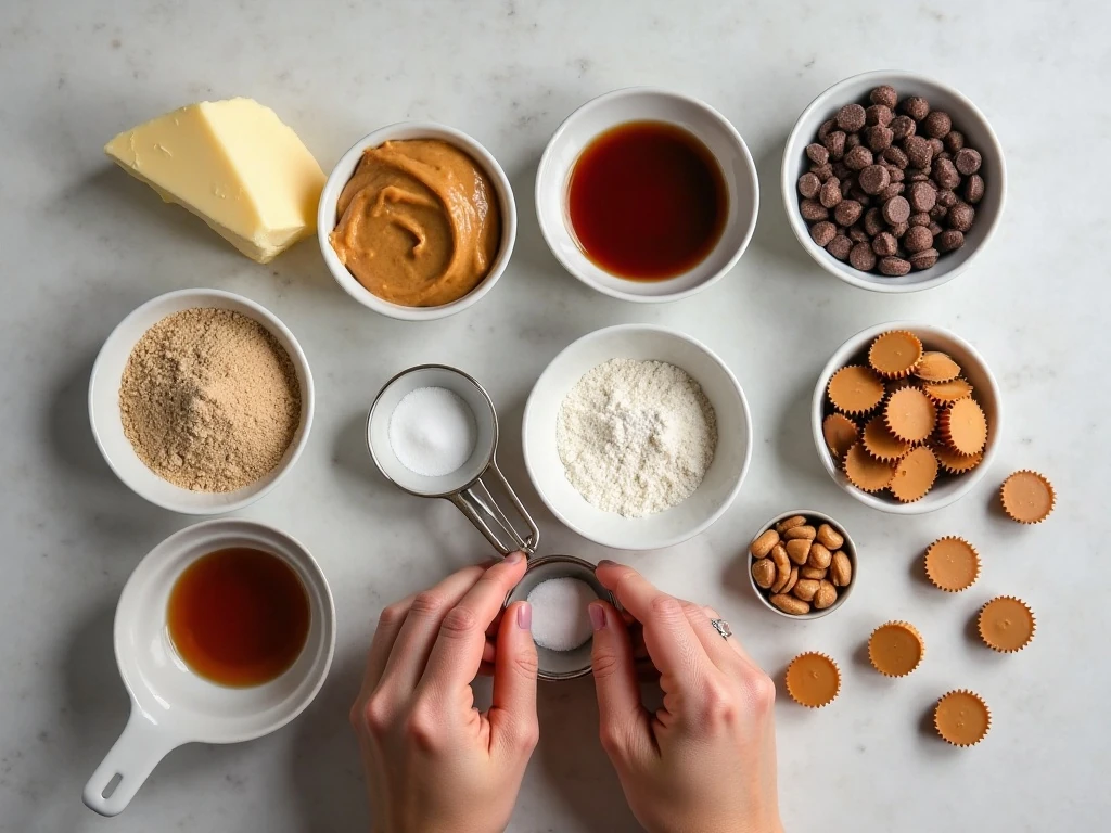 Ingredients for chocolate chip peanut butter cup cookie dough arranged on a counter