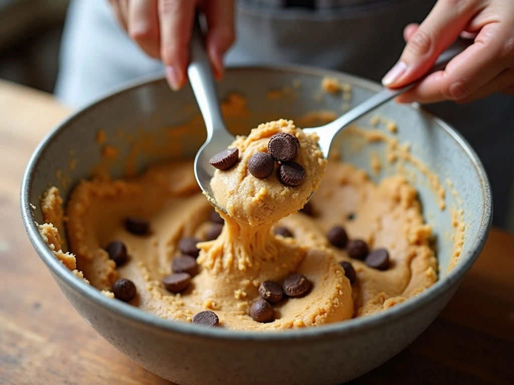 Folding chocolate chips and chopped peanut butter cups into edible cookie dough