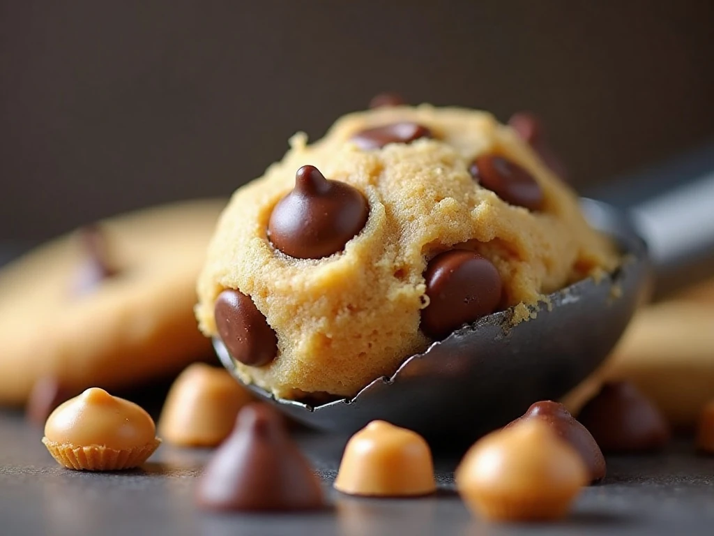 Close-up of thick cookie dough packed with chocolate chips and peanut butter cup pieces