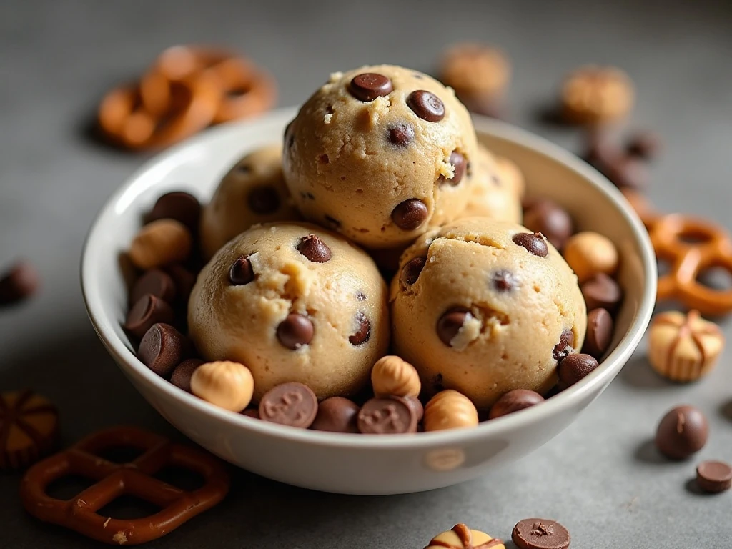 Chocolate chip peanut butter cup cookie dough served in a dessert bowl