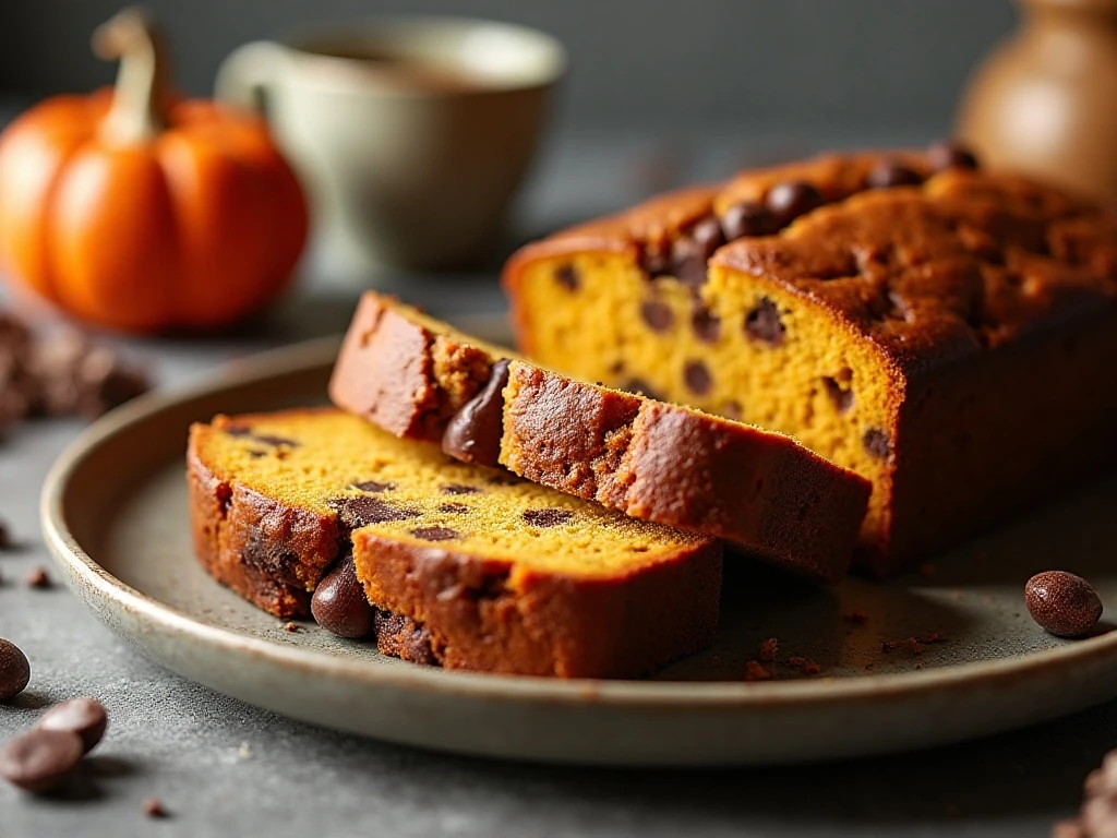Sliced chocolate chip pumpkin bread on a serving platter