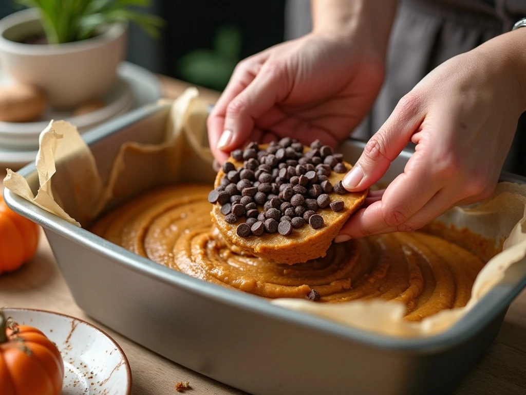 Folding chocolate chips into pumpkin bread batter