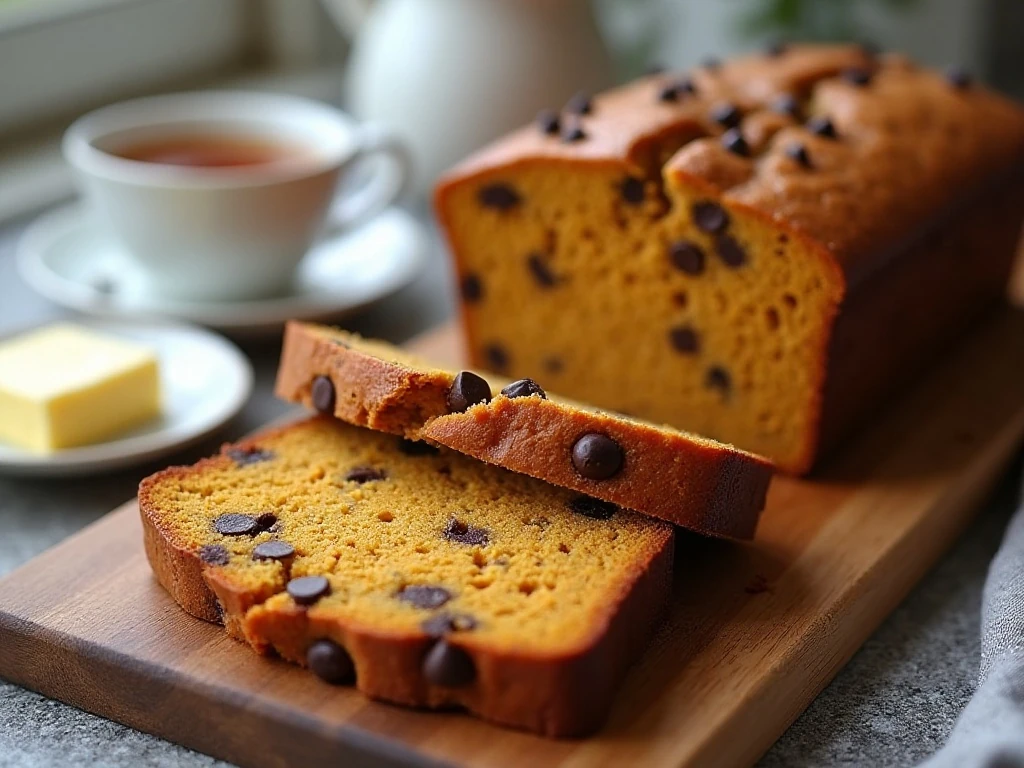 Chocolate chip pumpkin bread served with tea and butter