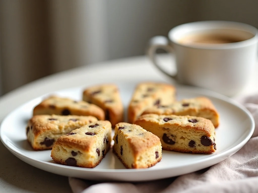 Golden chocolate chip scones arranged on a plate with coffee