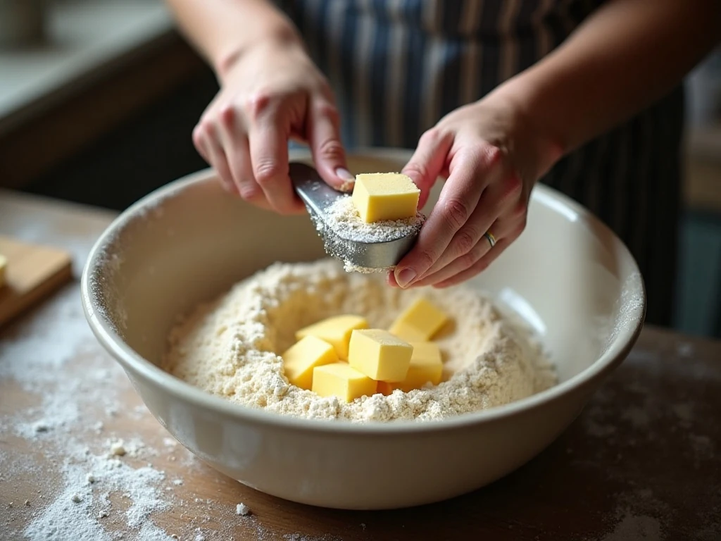 Cutting cold butter into flour for chocolate chip scone dough