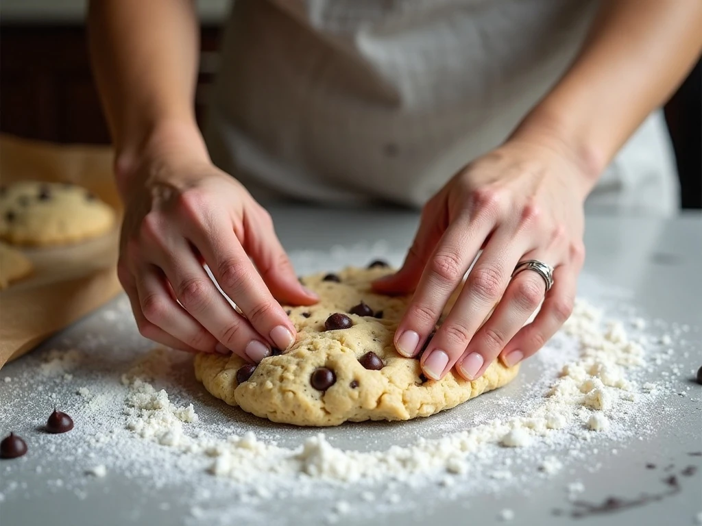 Shaping chocolate chip scone dough into a thick disk