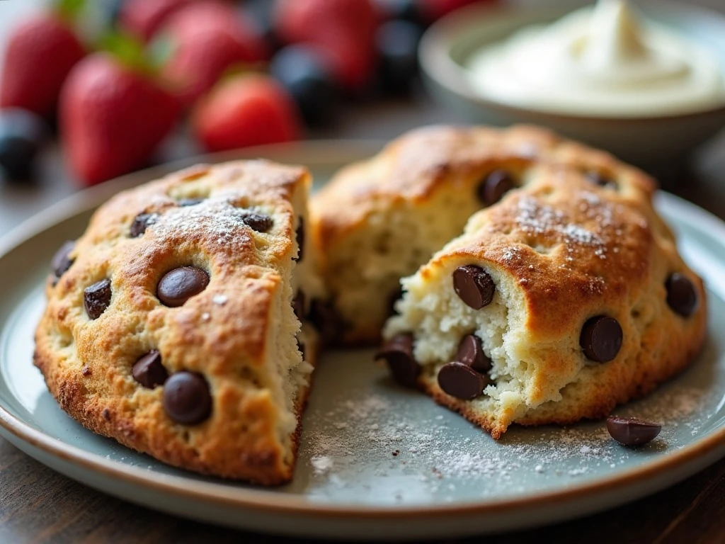 Close-up of tender chocolate chip scone crumb with melted chocolate