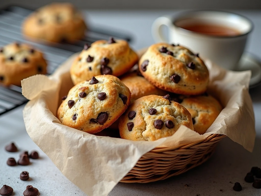 Chocolate chip scones cooling beside tea for serving