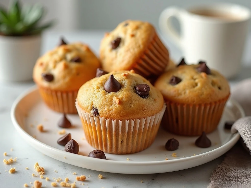 Healthy chocolate chip wheat mini muffins arranged for breakfast
