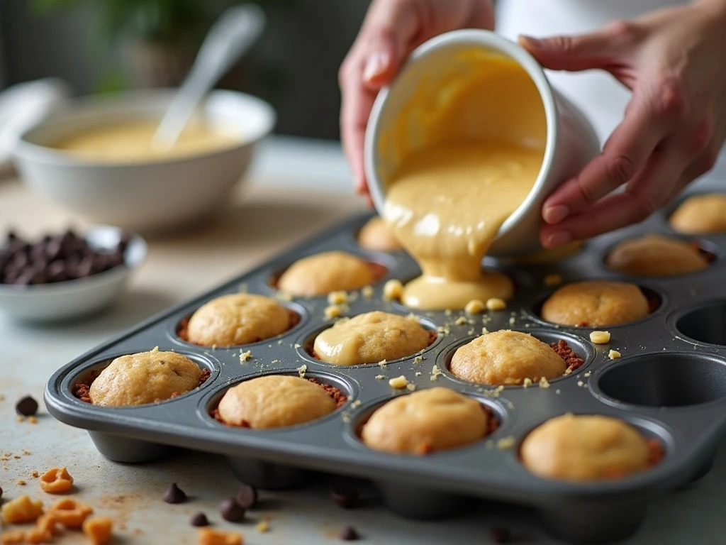 Portioning chocolate chip wheat muffin batter into a mini muffin pan