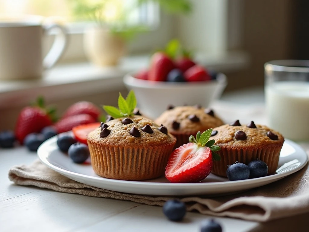 Mini muffins served with yogurt and berries for breakfast