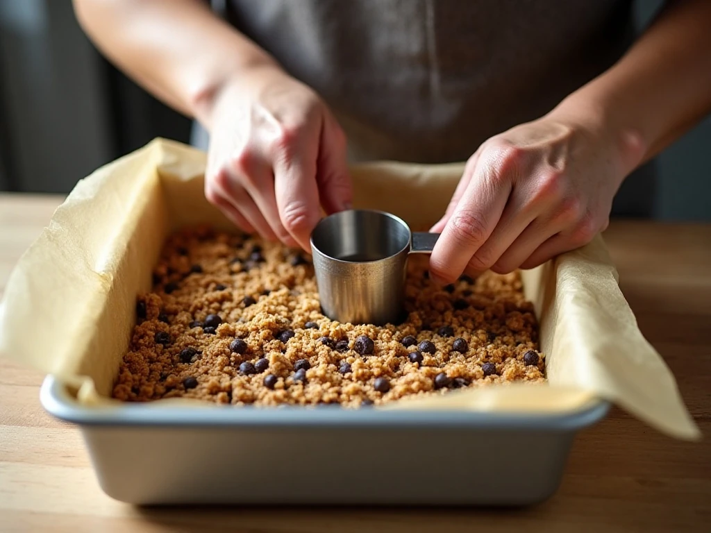 Pressing granola bar mixture firmly into a baking pan