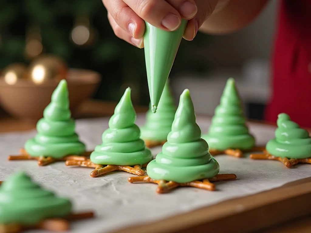 Piping green candy coating into Christmas tree shapes