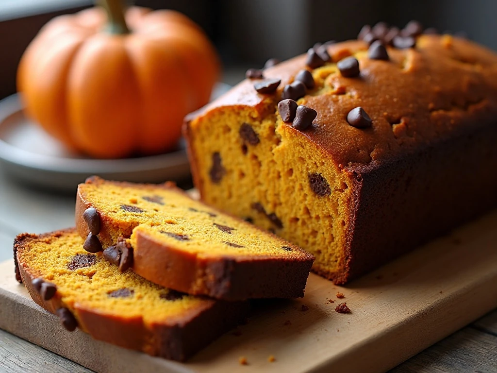 Chocolate chunk pumpkin spice bread loaf with sliced pieces