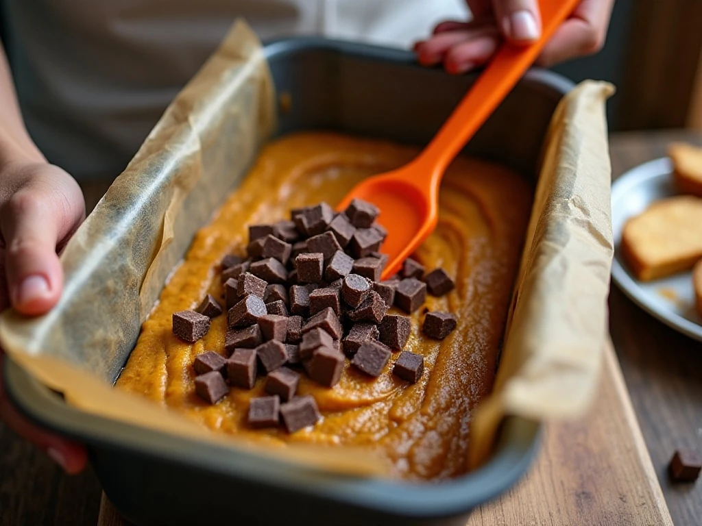 Folding chocolate chunks into pumpkin bread batter