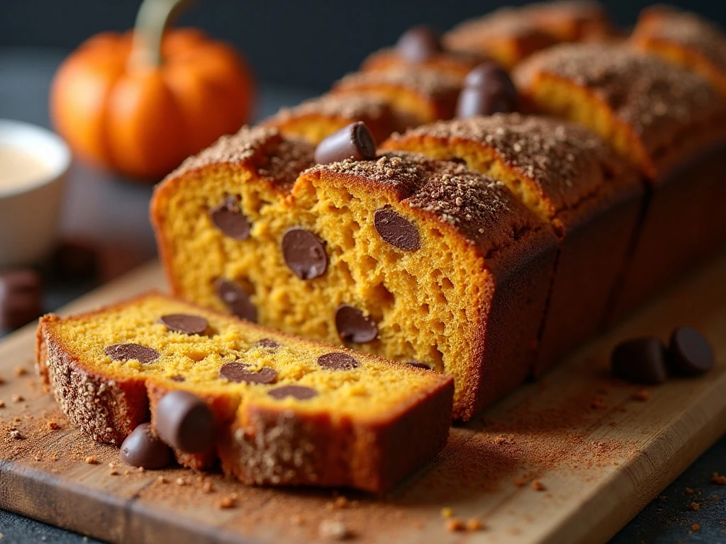 Close-up of tender pumpkin bread crumb and chocolate chunks