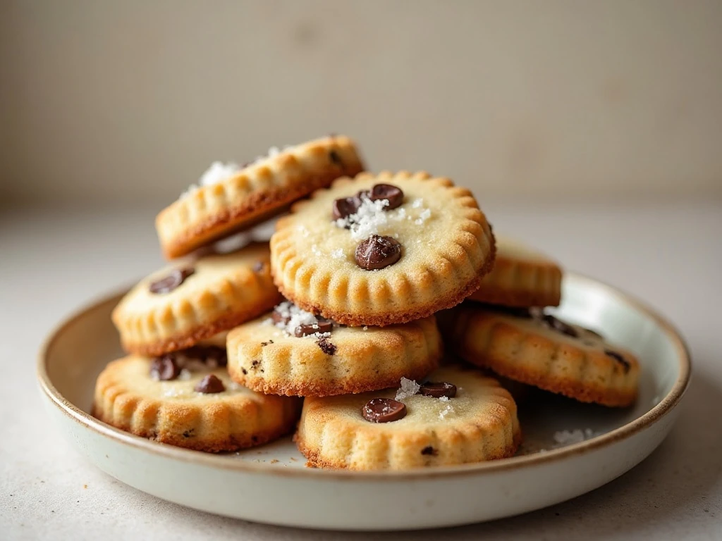 Stacked chocolate chunk shortbread cookies with coarse sugar and flaky sea salt