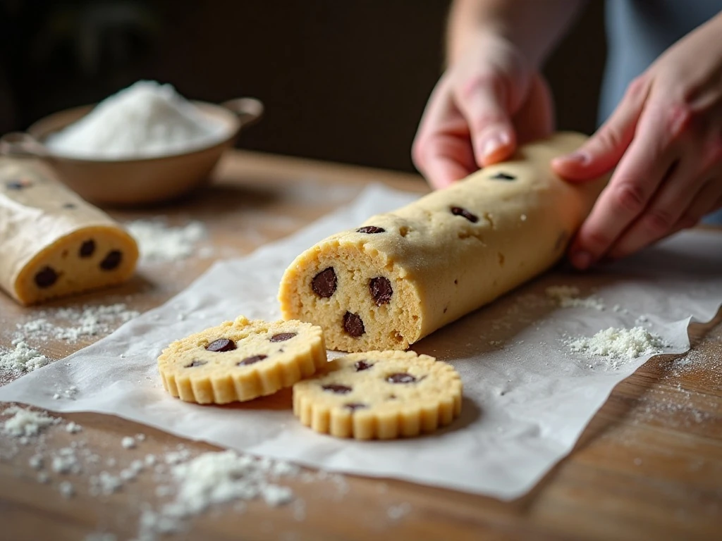 Slicing a chilled chocolate chunk shortbread dough log into rounds