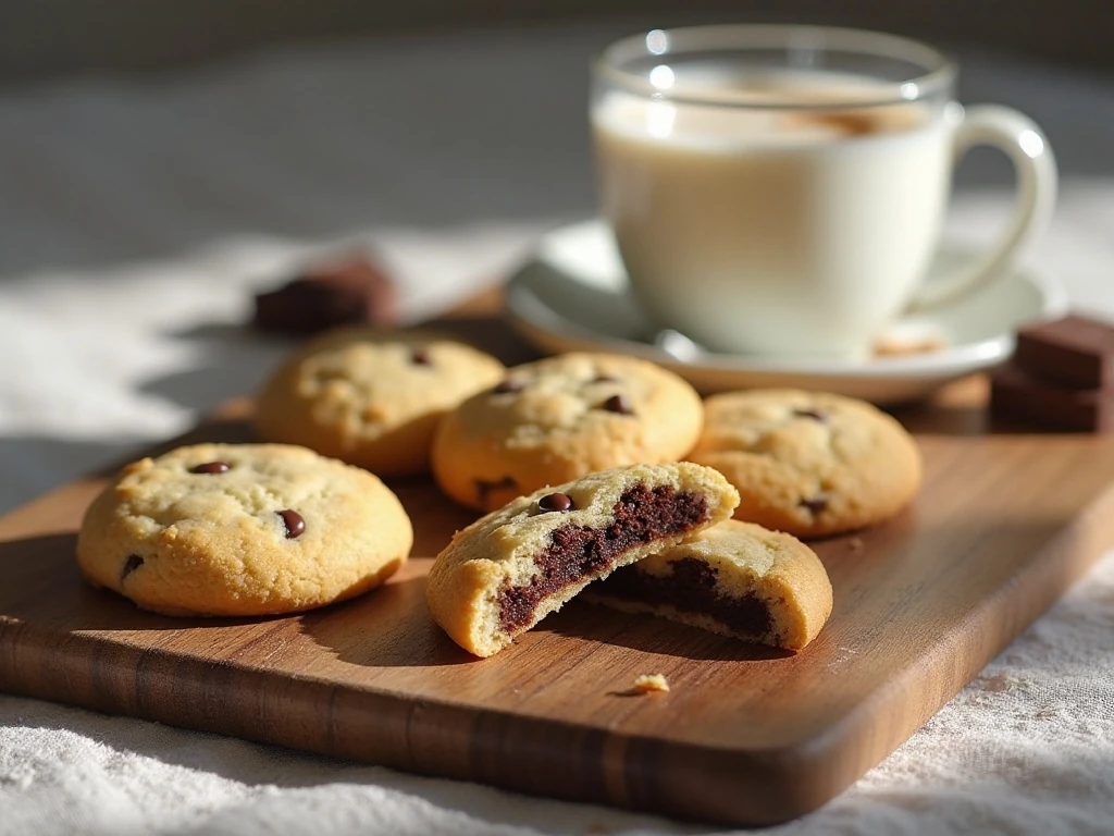 Chocolate chunk shortbread cookies served with coffee and milk