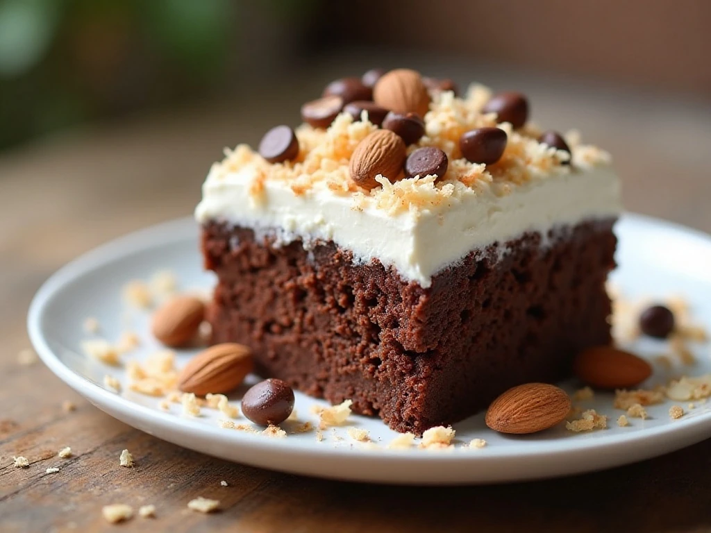 Slice of chocolate coconut Almond Joy cake with almonds and chocolate chips