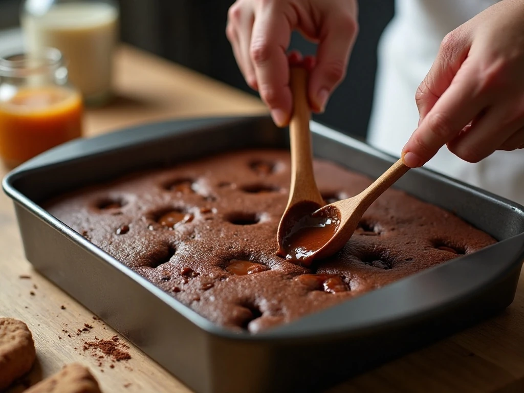 Poking holes in chocolate cake for the condensed milk and caramel layers