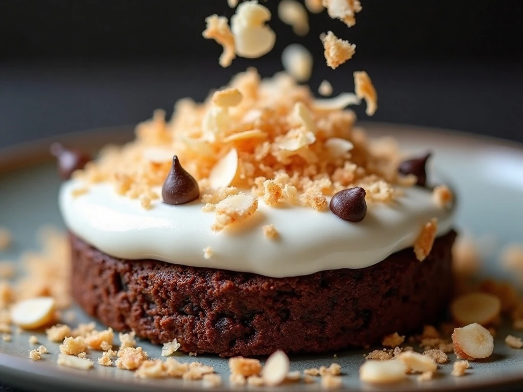Toasted coconut and almonds topping an Almond Joy poke cake