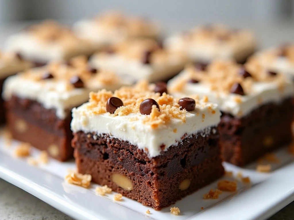 Chilled Almond Joy cake squares ready to serve